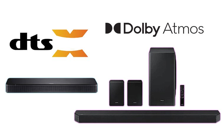 Samsung HW-Q950A and Bose TV soundbar with Dolby Atmos and DTS:X logos.