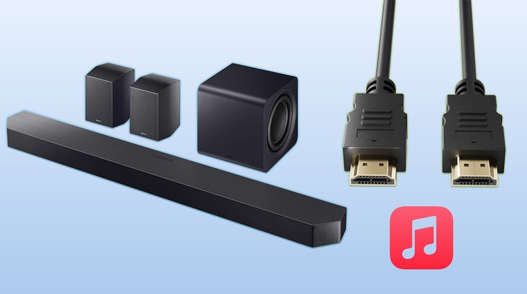 Samsung Q990F soundbar with HDMI 2.1 cable and Apple Music logo