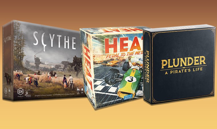 Scythe, Heat: Pedal to the Medal and Plunder Board game boxes on a soft brown gradient.