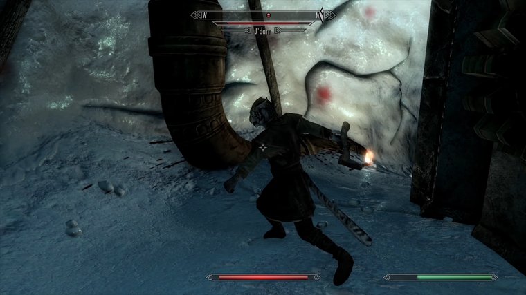 Skyrim - jdarr in the snow attacking.