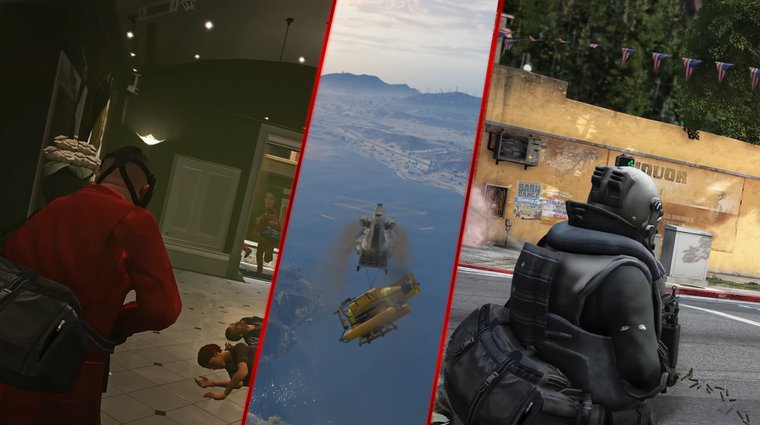 Three GTA 5 heists: Jewel Store Job, Merryweather Heist, and Paleto Score with red bars in-between to separate them.