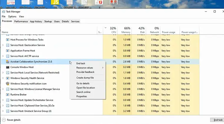 Open Task Manager window showing system performance and running processes