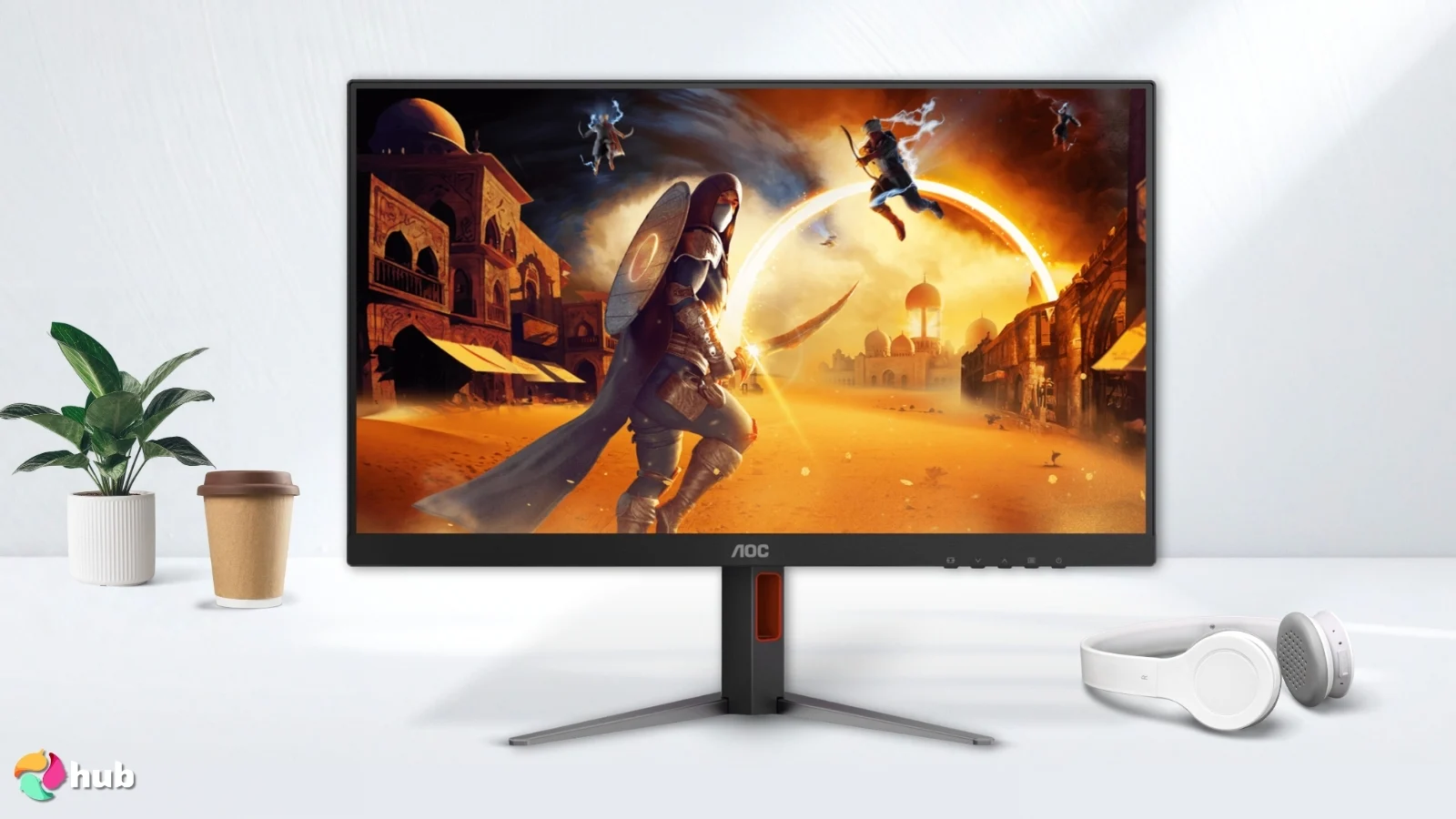 AOC 27″ 27G4H Vertical Monitor on a white office desk styled neatly for a review