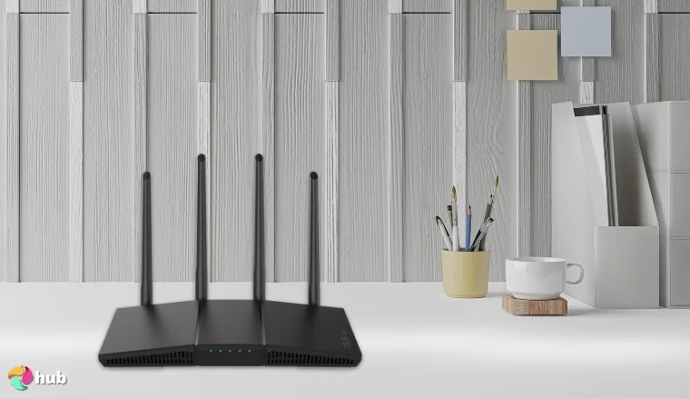 ASUS RT-AX1800S Wi-Fi Router on a white office desk set for a professional product review