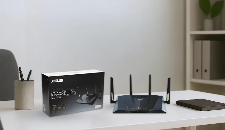 ASUS RT-AX88U Pro Wi-Fi Router on a white office desk with balanced composition for a review