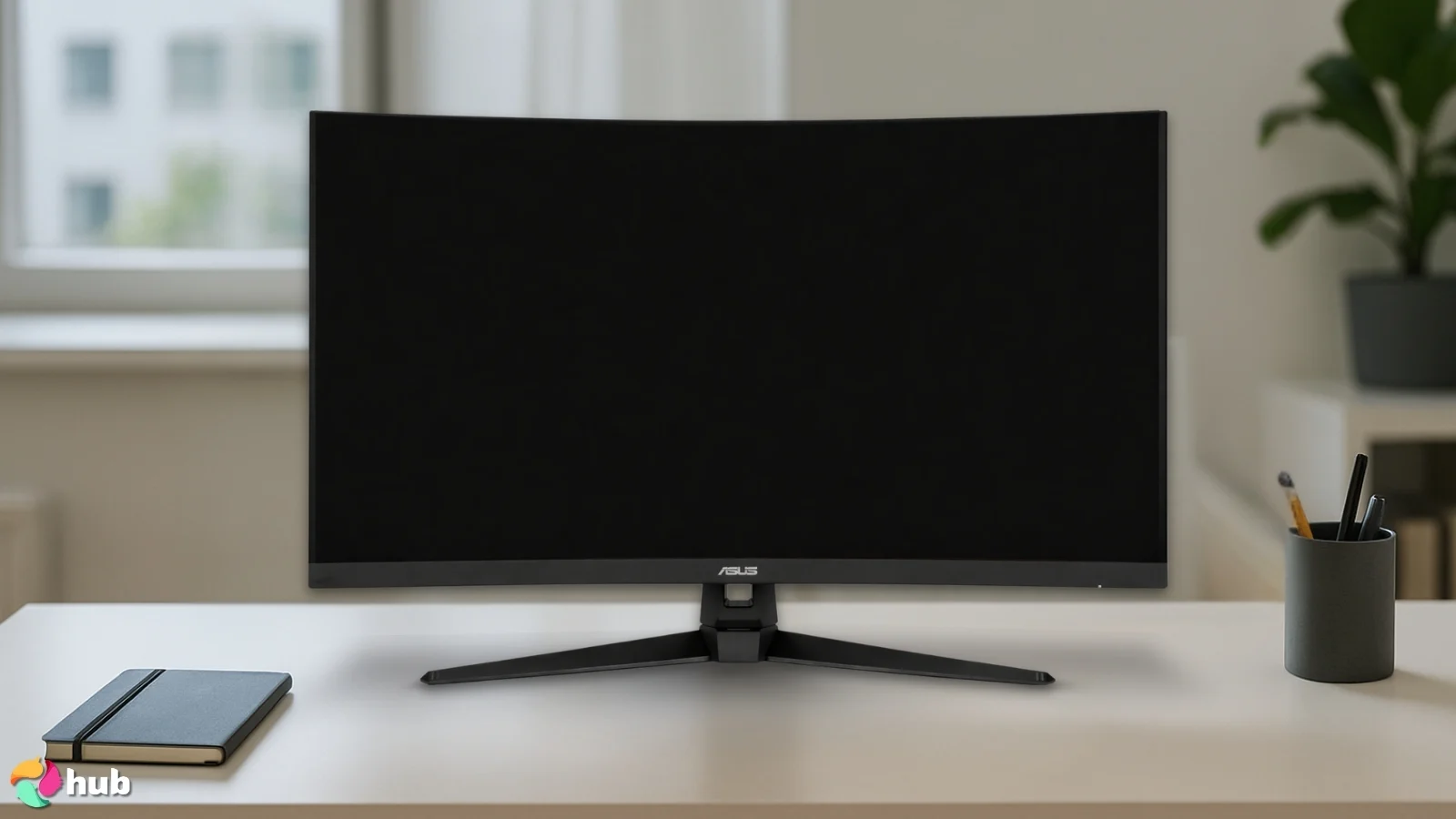 ASUS TUF Gaming Monitor on a white office desk with soft lighting for a review