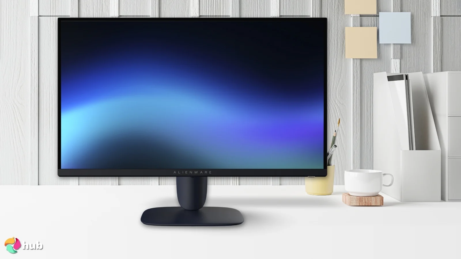 Alienware AW2725DM Vertical Monitor on a white office desk in a bright workspace for a review