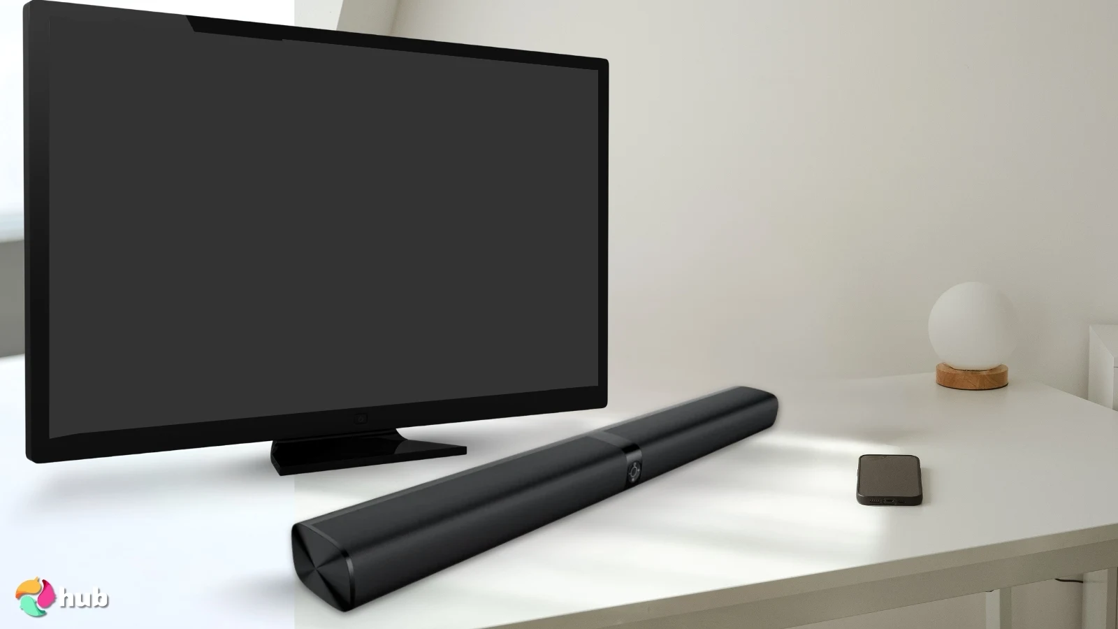 Assistrust 80W Soundbar on a white office desk in a bright workspace for a review