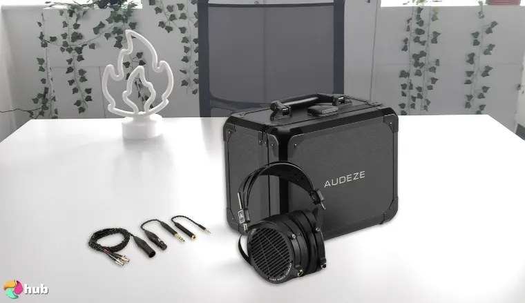 Audeze LCD-X Studio Headphones on a white office desk in a well-lit setting for a review