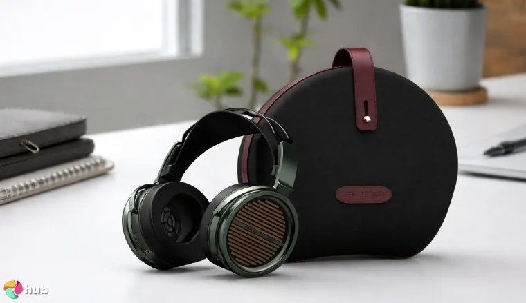 Aune SR7000 Audiophile Headphones on a white office desk set for a professional product review