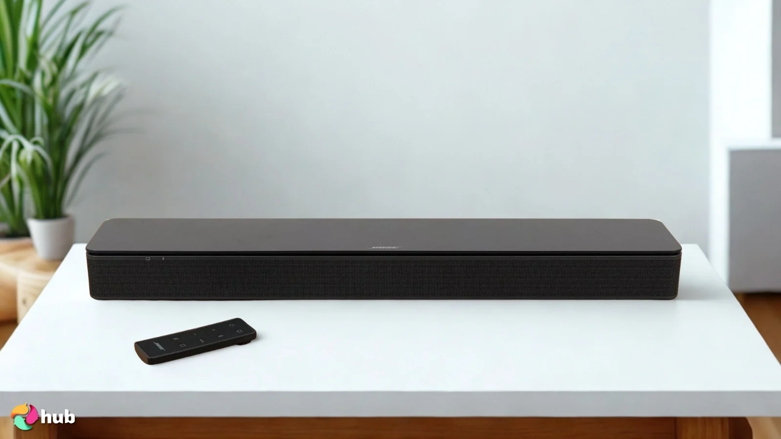 Bose TV Speaker on a white office desk positioned for photography