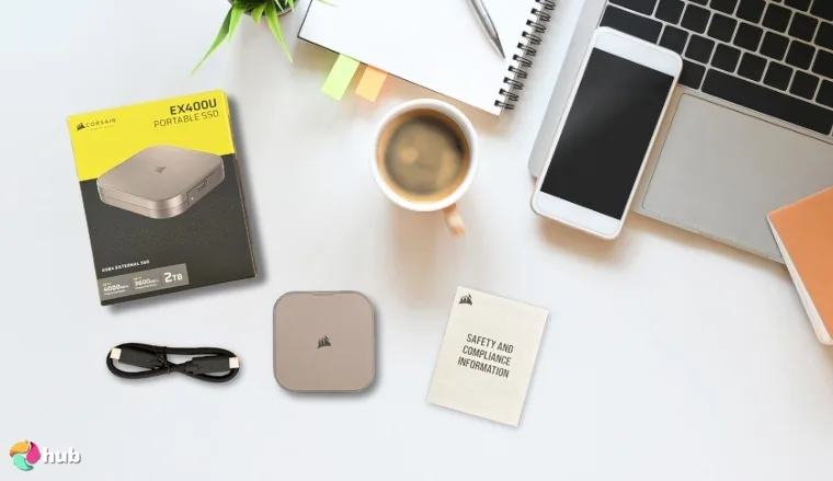 Corsair EX400U External SSD on a white office desk styled for promotional review