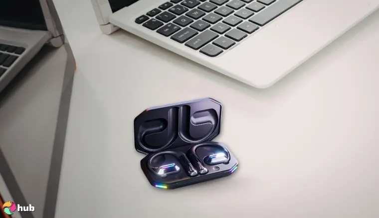 DEMICEA LibreFit Aurora 17 Open-Ear Headphones on a white office desk in a minimalist setup for a review