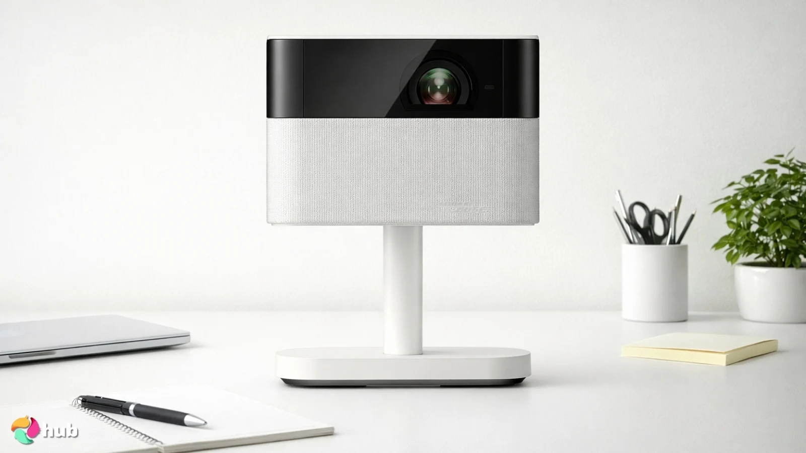 Epson Lifestudio Flex Portable Projector on a white office desk with simple styling for a review