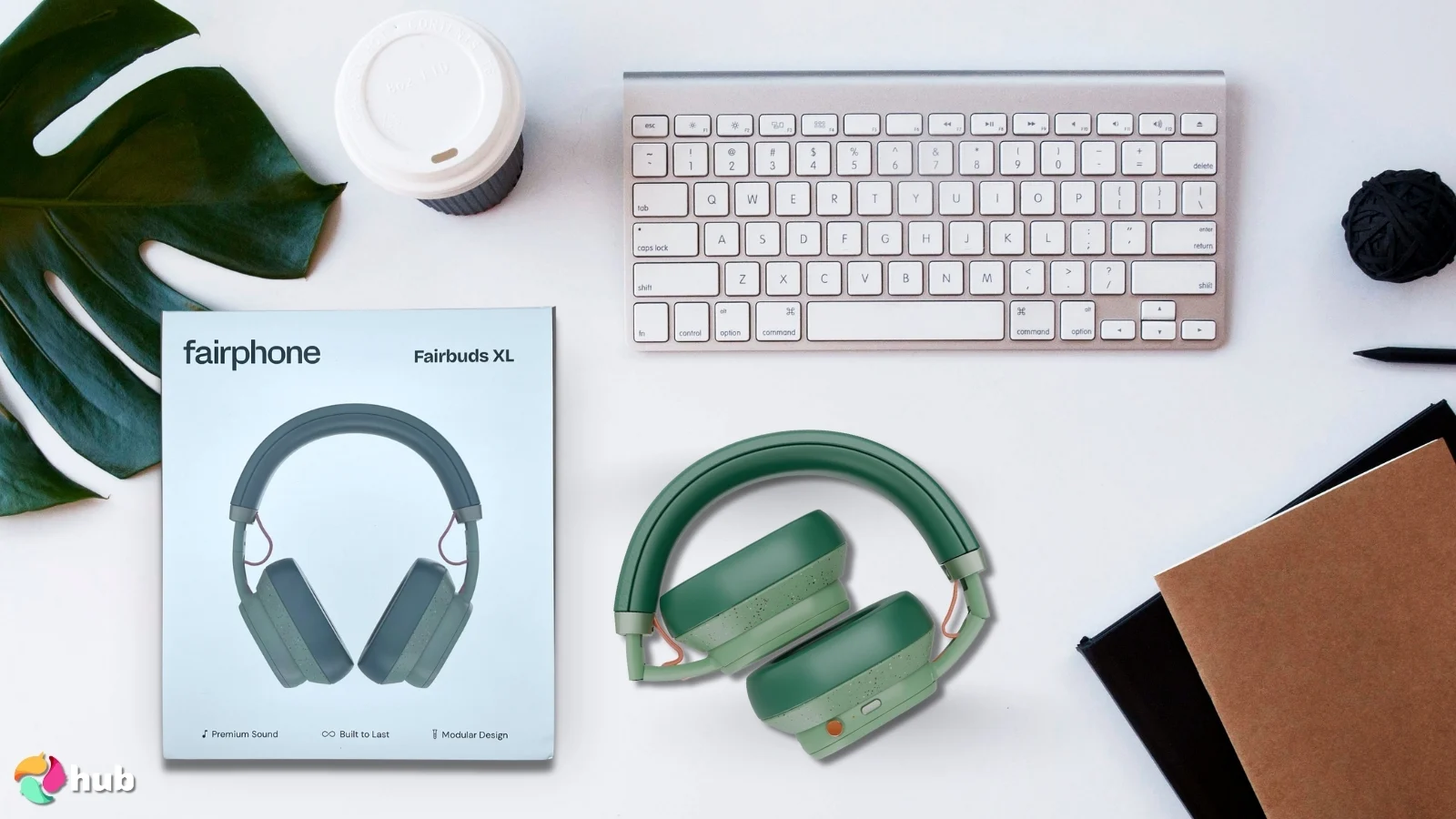 Fairphone Fairbuds XL Premium Headphones on a white office desk with simple styling for a review