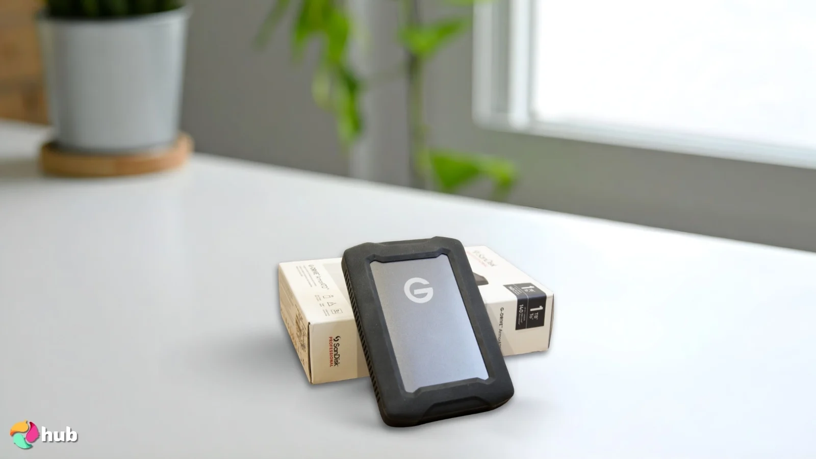 G-Technology ArmorATD HDD on a white office desk with simple styling for a review