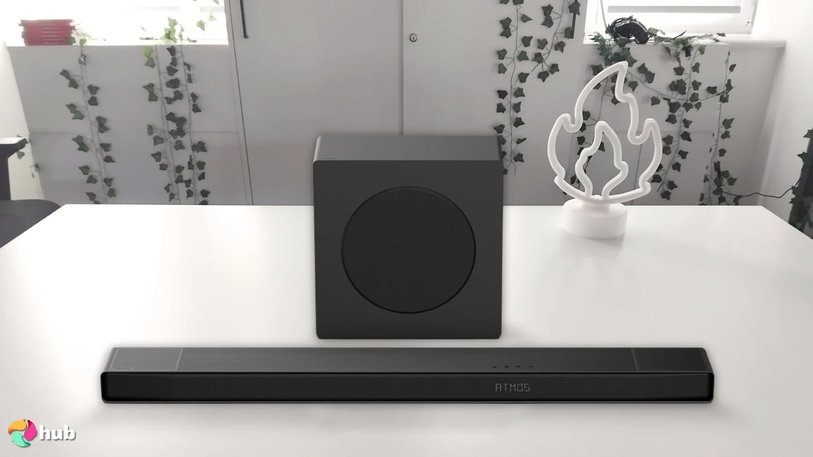 Hisense AX3120Q Soundbar on a white office desk prepared for product photography