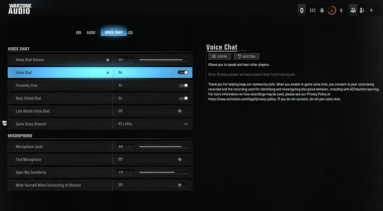 In-game settings menu open to the voice chat configuration options