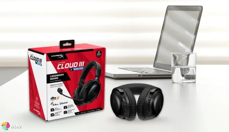 HyperX Cloud III S Audiophile Headphones on a white office desk in a well-lit setting for a review