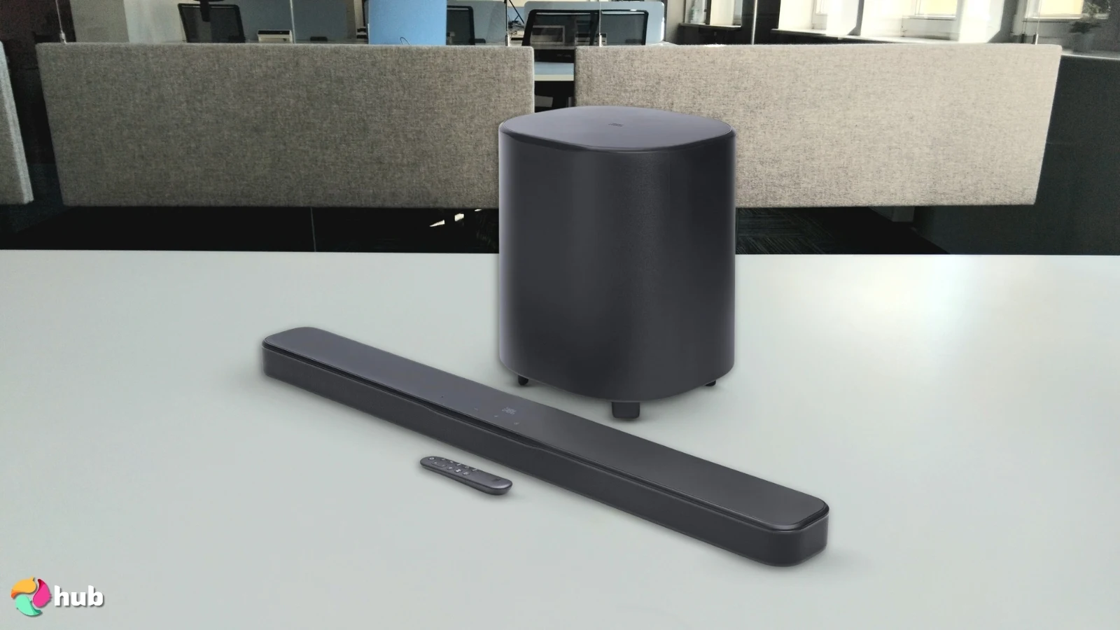 JBL Bar 500MK2 Soundbar on a white office desk prepared for testing shots