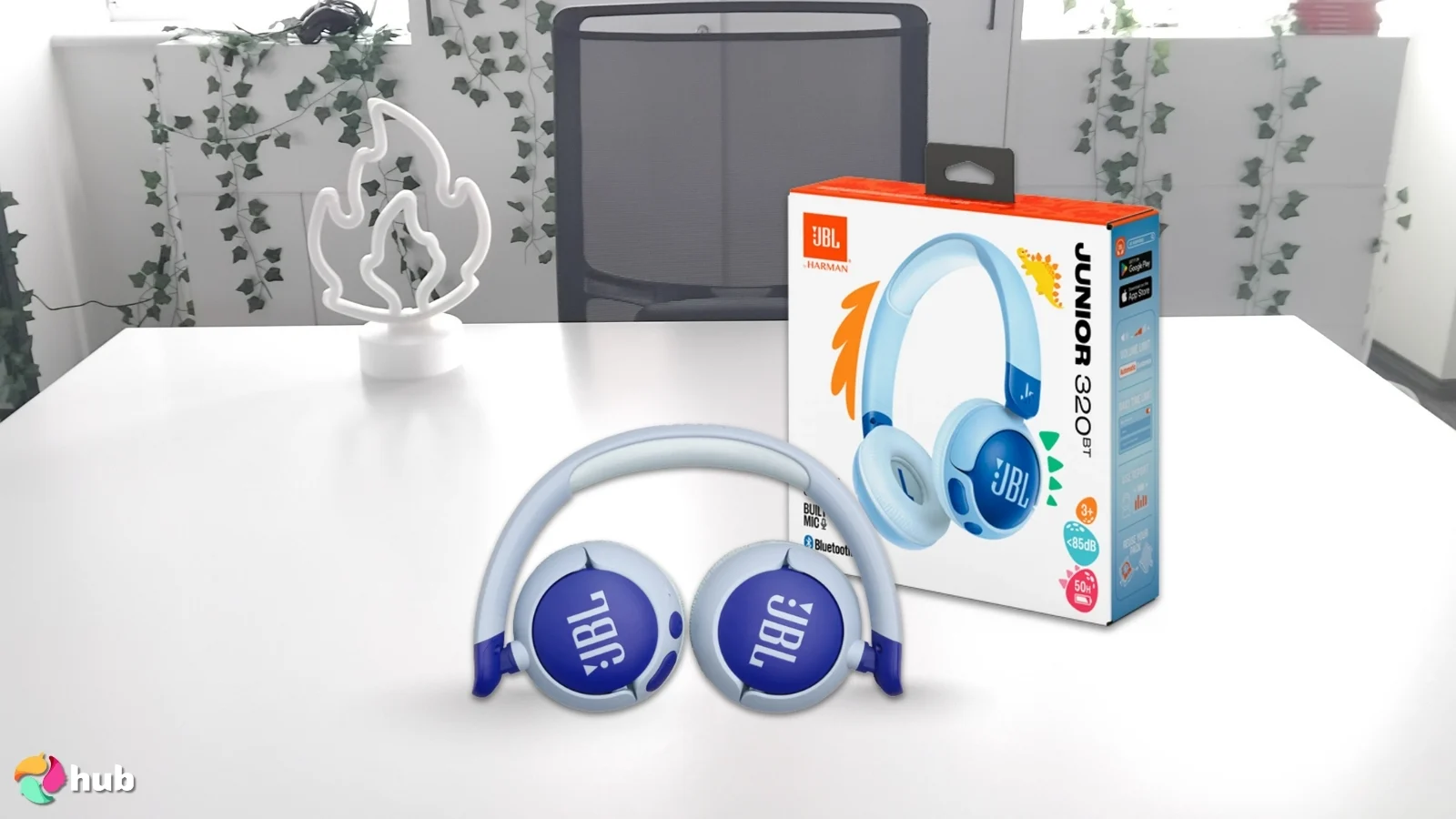 JBL Junior 320BT Headphones on a white office desk in a clean setup for a review