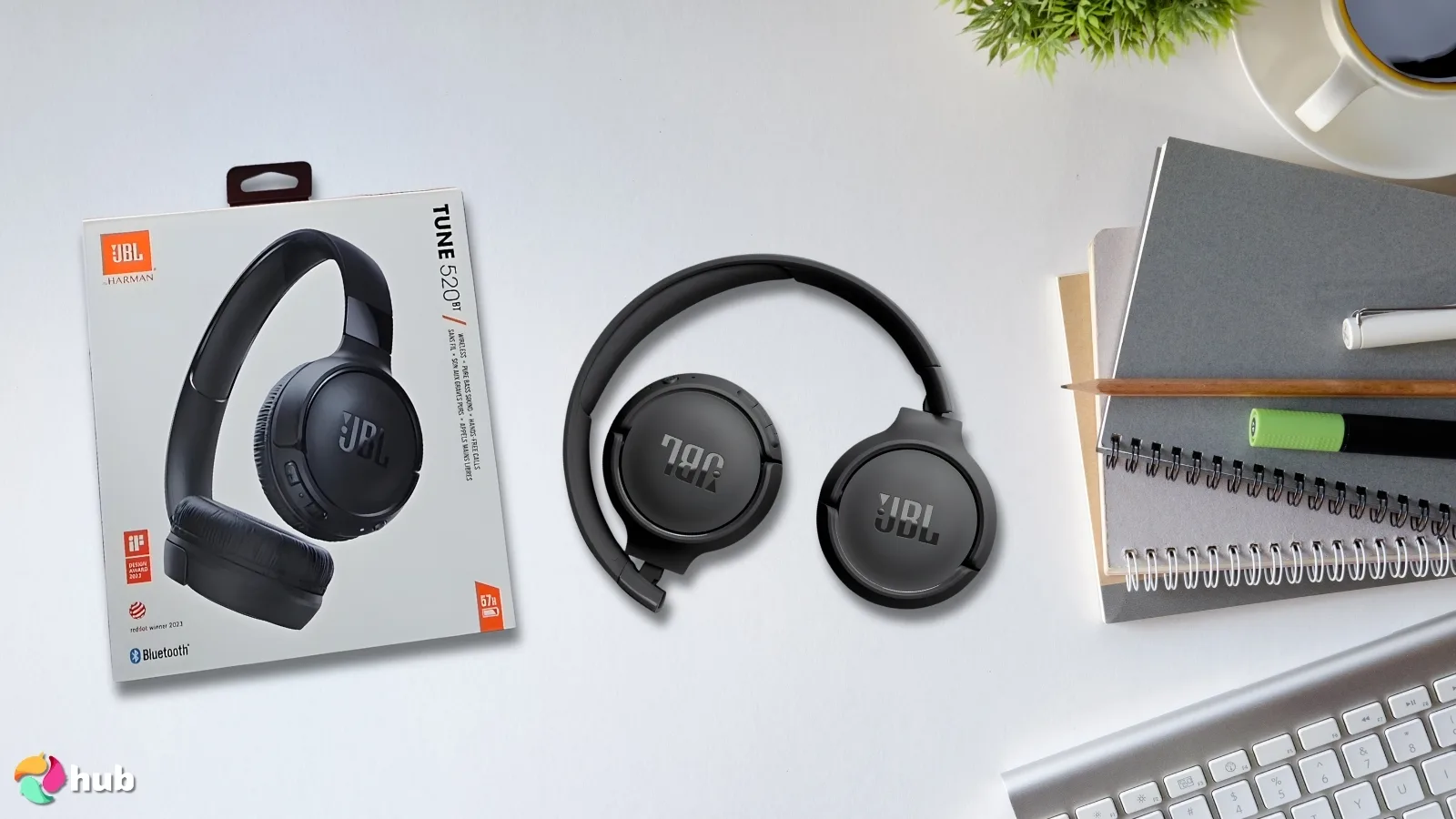 JBL Tune 520BT Headphones on a white office desk prepared for product photography