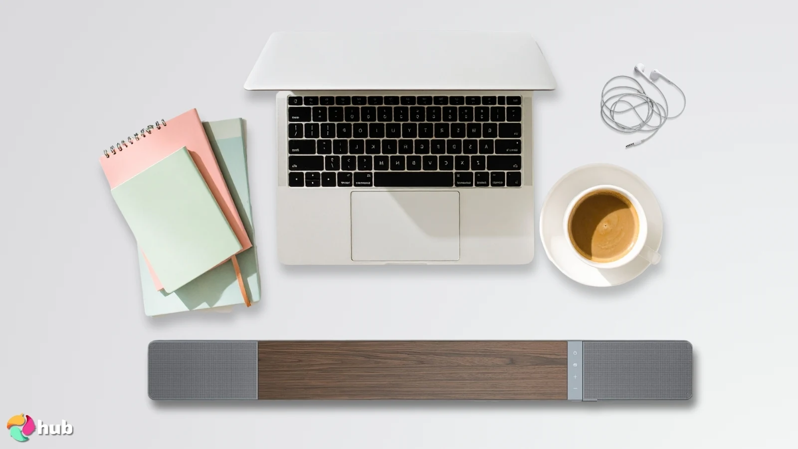 Klipsch Flexus CORE 200 Dolby Atmos Soundbar on a white office desk prepared for product photography
