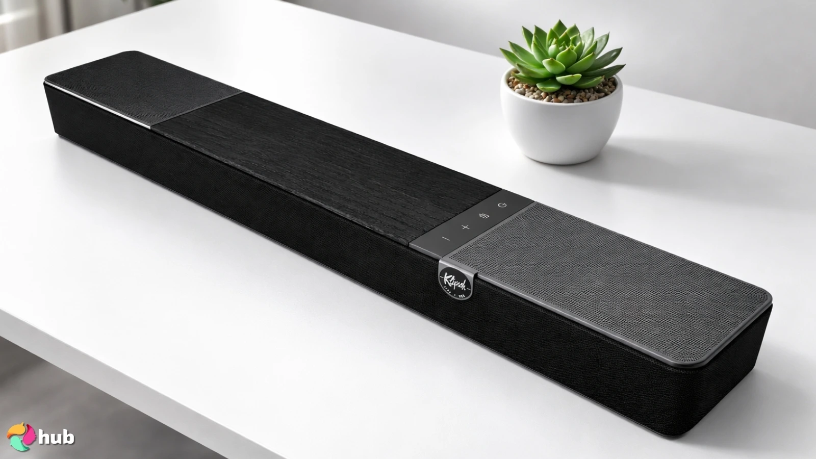 Klipsch Flexus Core 100 Soundbar on a white office desk in close-up for a review