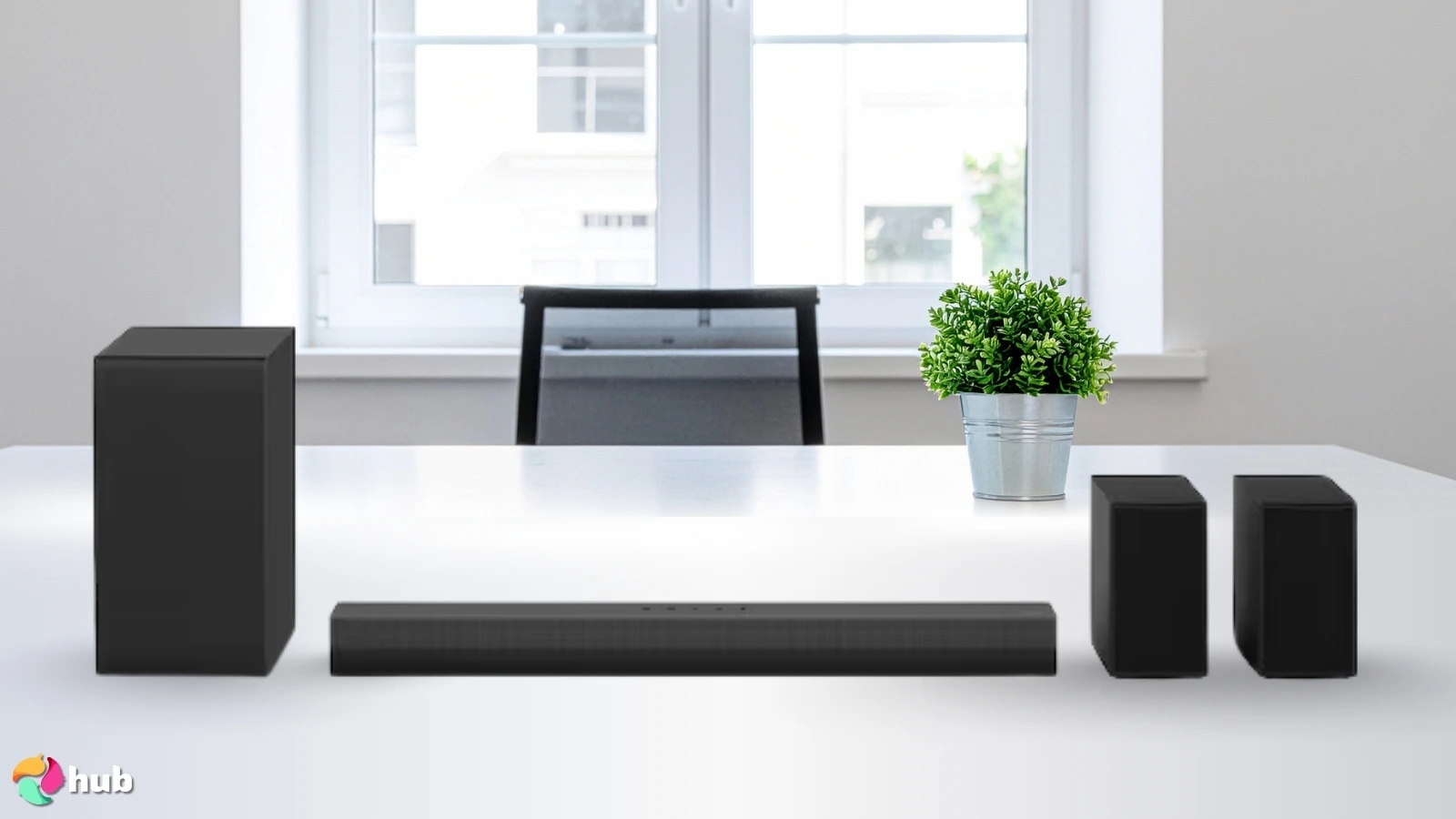 LG S40TR Soundbar on a white office desk prepared for testing shots