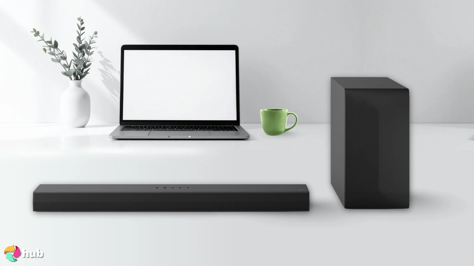 LG S60T Soundbar on a white office desk with an editorial style for a review
