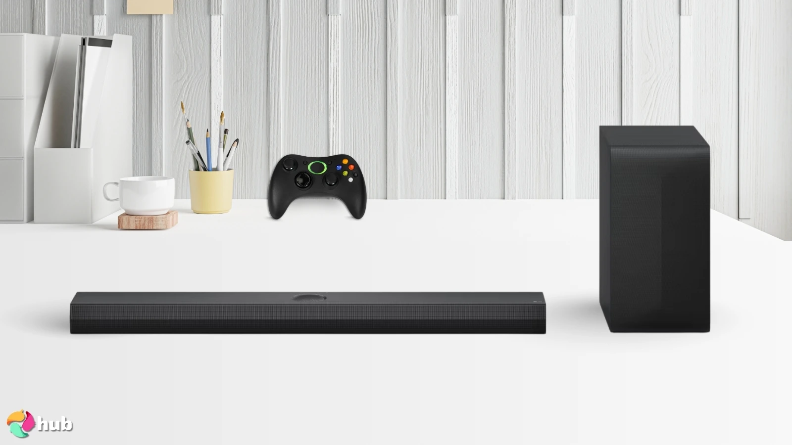 LG S70TY Soundbar on a white office desk with neat arrangement for a review