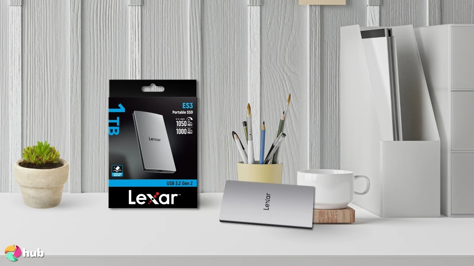 Lexar ES3 External Hard Drive on a white office desk with soft lighting for a review