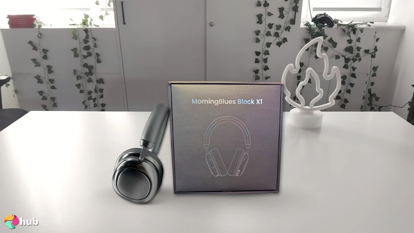 MorningBlues VWS X1 Headphones on a white office desk with balanced composition for a review