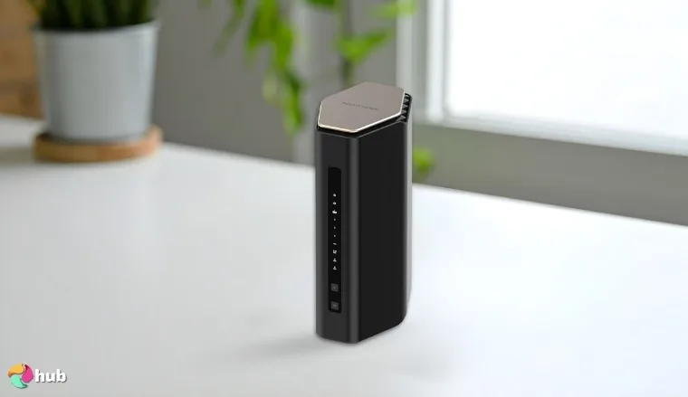 NETGEAR Nighthawk (BE17000) VPN Router on a white office desk prepared for testing shots