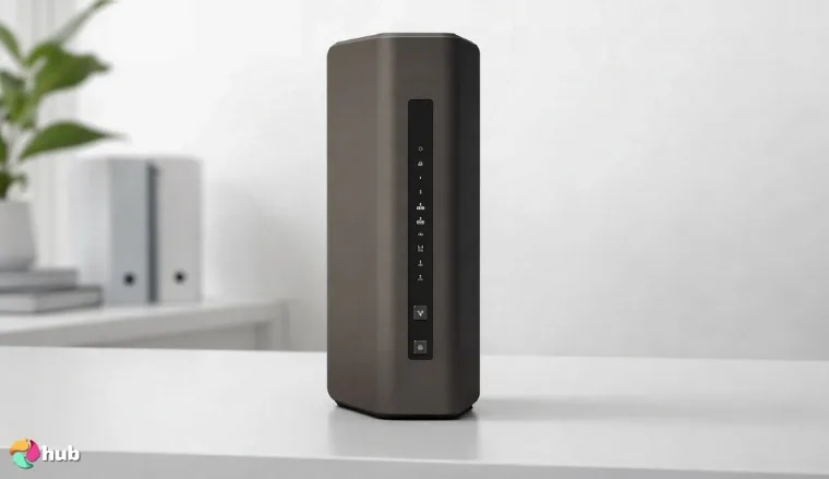 NETGEAR Nighthawk RS140 Wi-Fi 7 Router on a white office desk in close-up for a review