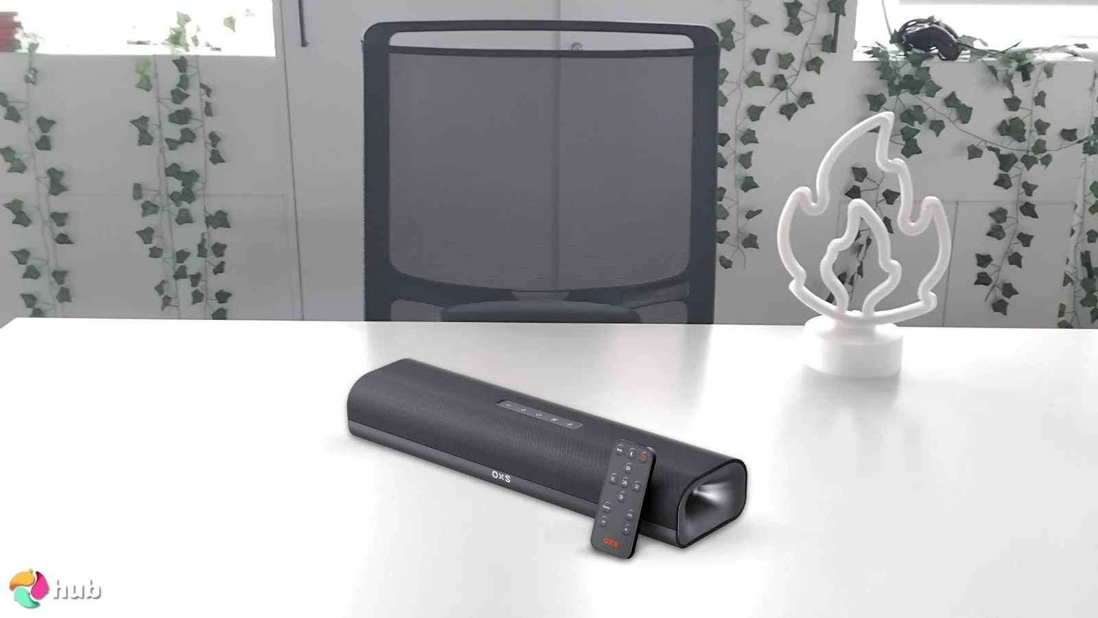 OXS Thunder Lite Soundbar on a white office desk with natural shadows for a review