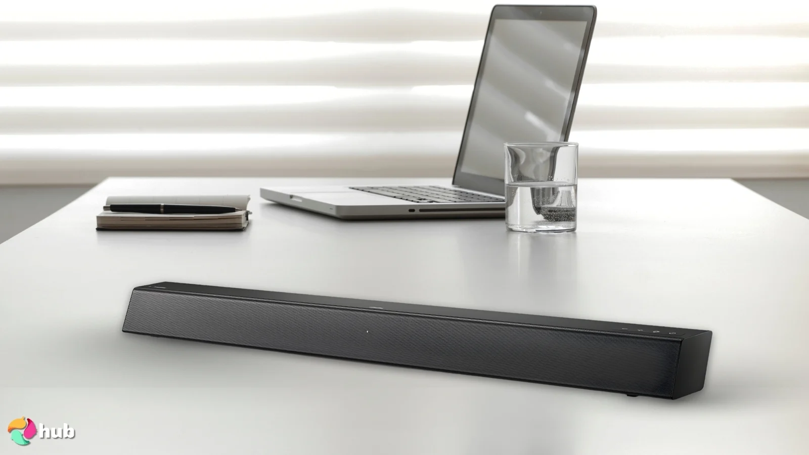 Philips B5106 Soundbar on a white office desk positioned for photography