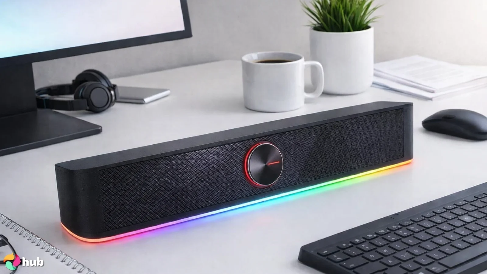 Redragon GS560 Soundbar on a white office desk in close-up for a review