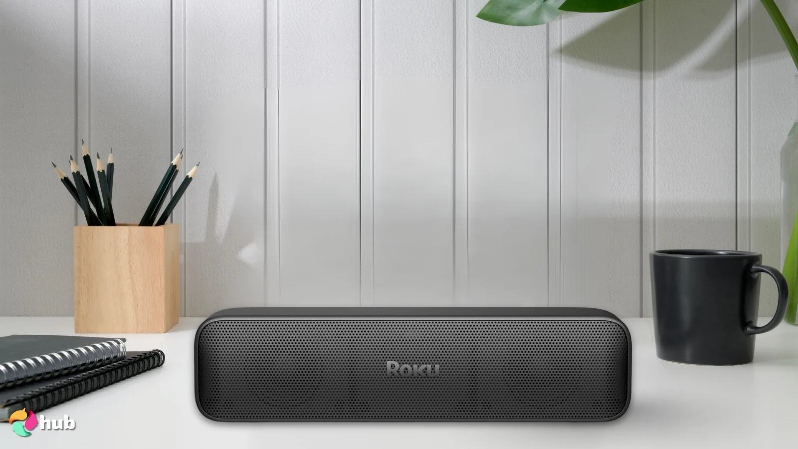 Roku Streambar SE Soundbar on a white office desk in a well-lit setting for a review