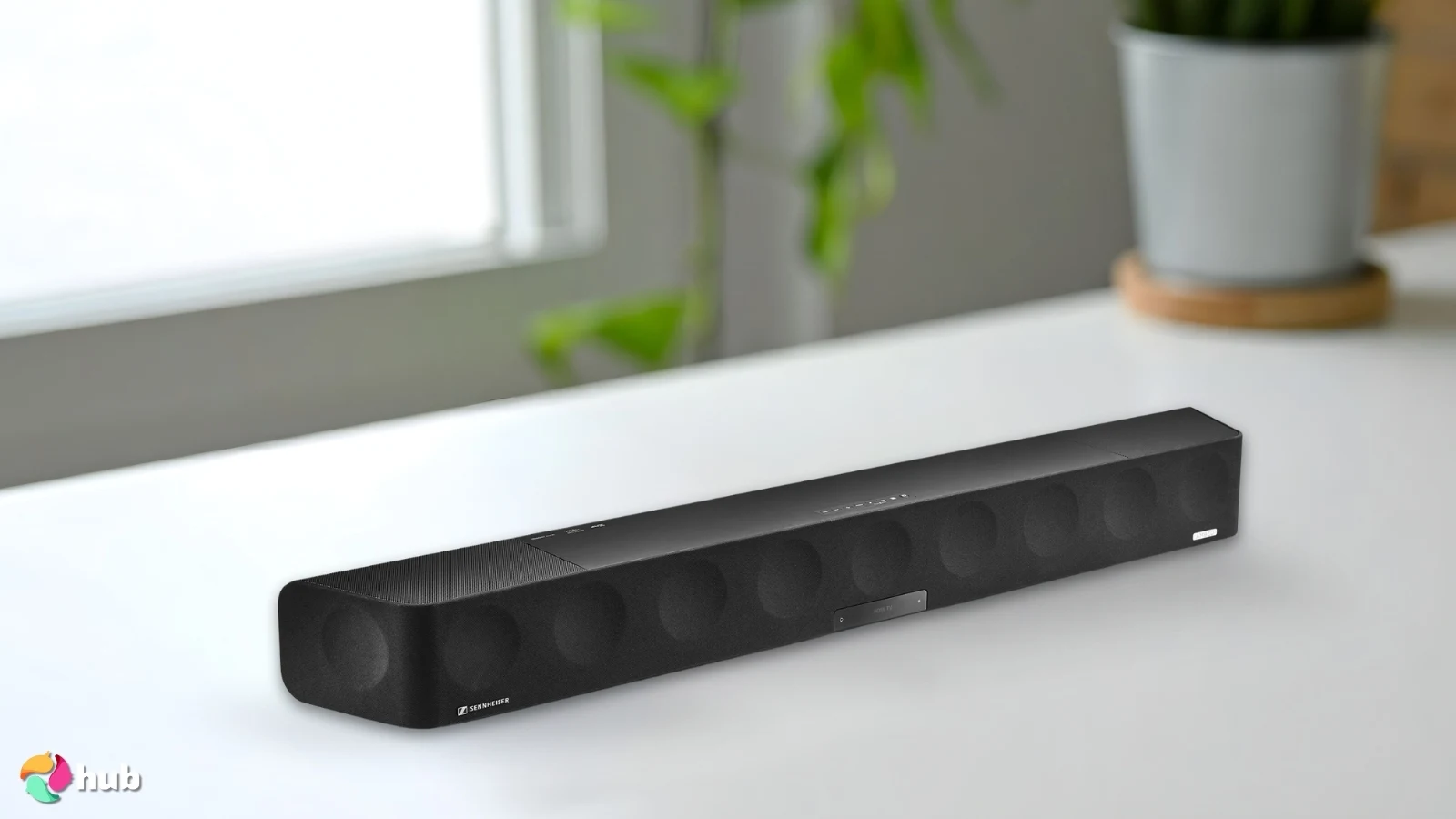 SENNHEISER AMBEO Soundbar Max Soundbar with Subwoofer on a white office desk positioned for photography