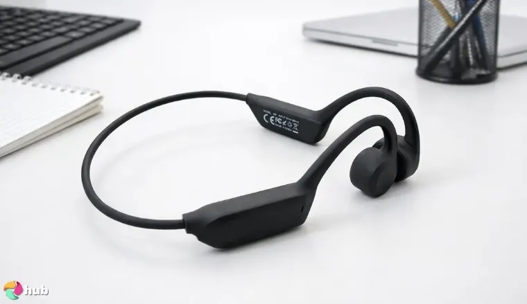 SUNGDOGIN Conduction Running Headphones on a white office desk in close-up for a review