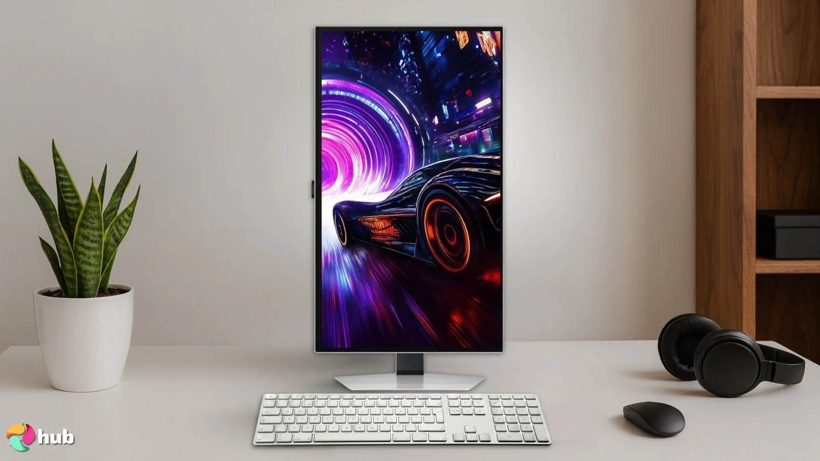 Samsung 32″ Odyssey Neo G8 Vertical Monitor on a white office desk styled for promotional review