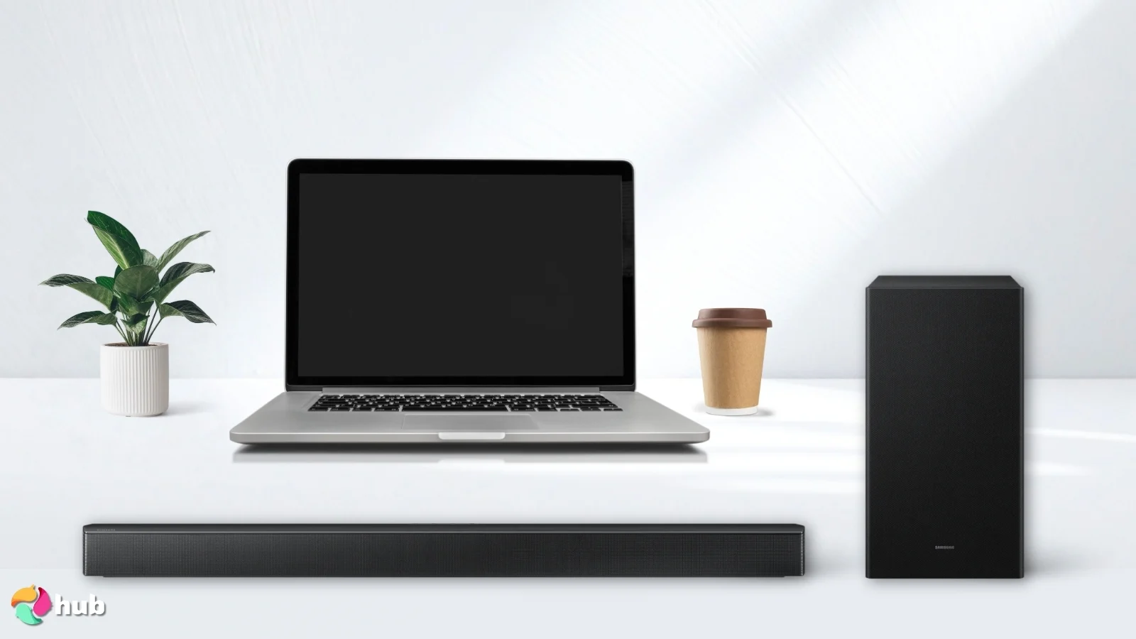 Samsung B-Series HW-B630F Soundbar on a white office desk with an uncluttered background for a review