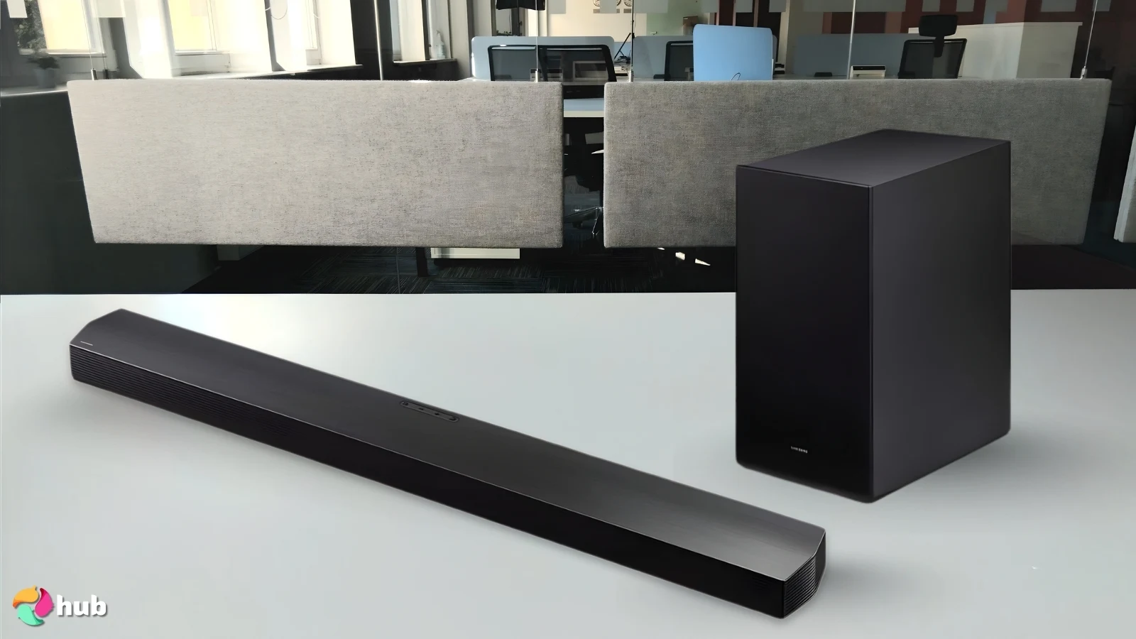Samsung B‑Series HW‑B750F Soundbar on a white office desk ready for a product review