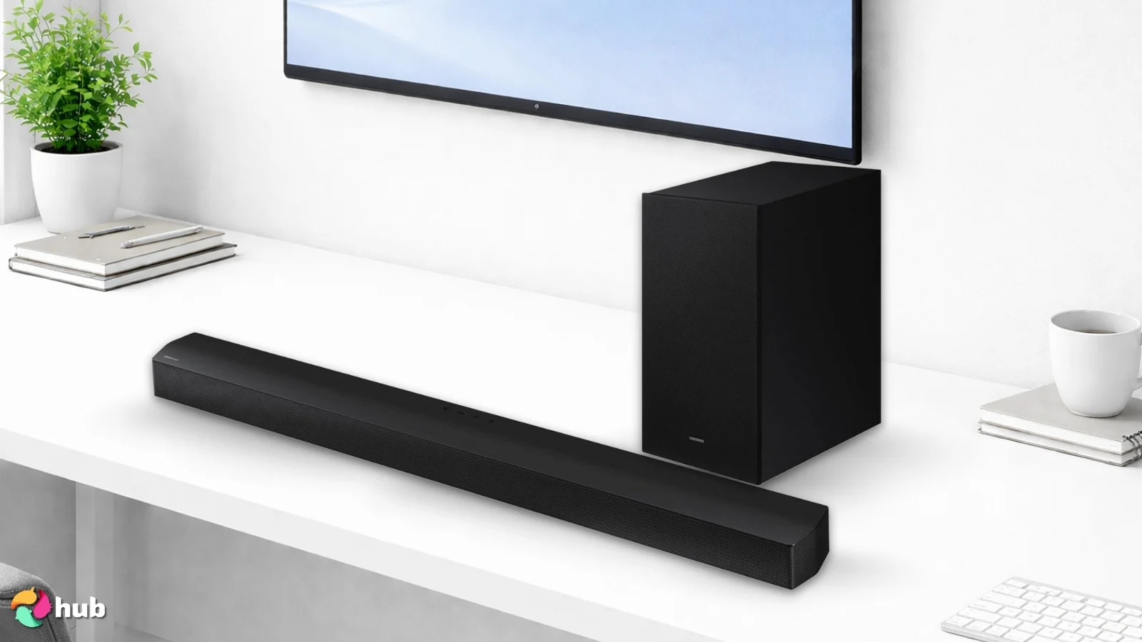 Samsung HW-B550D Soundbar on a white office desk prepared for testing shots