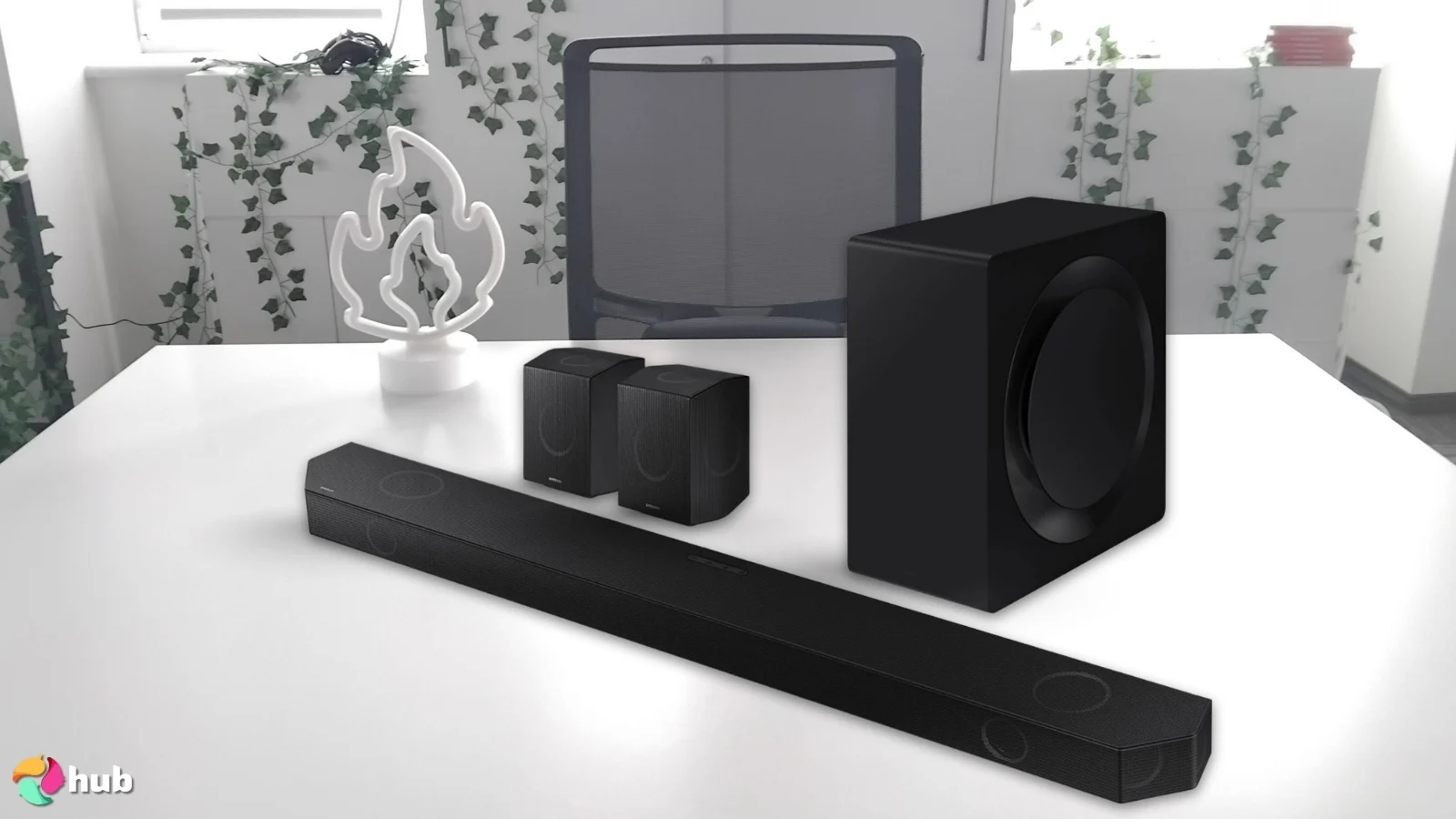 Samsung HW‑Q990D Soundbar on a white office desk prepared for testing shots