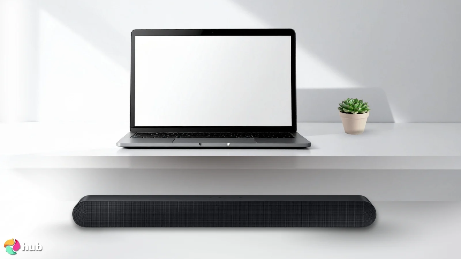 Samsung S60D Soundbar on a white office desk in a clean setup for a review