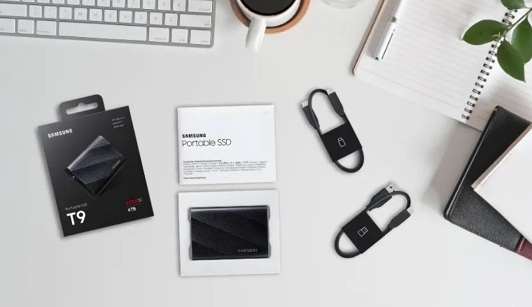 Samsung T9 External Hard Drive for Photos on a white office desk with creative arrangement for a review