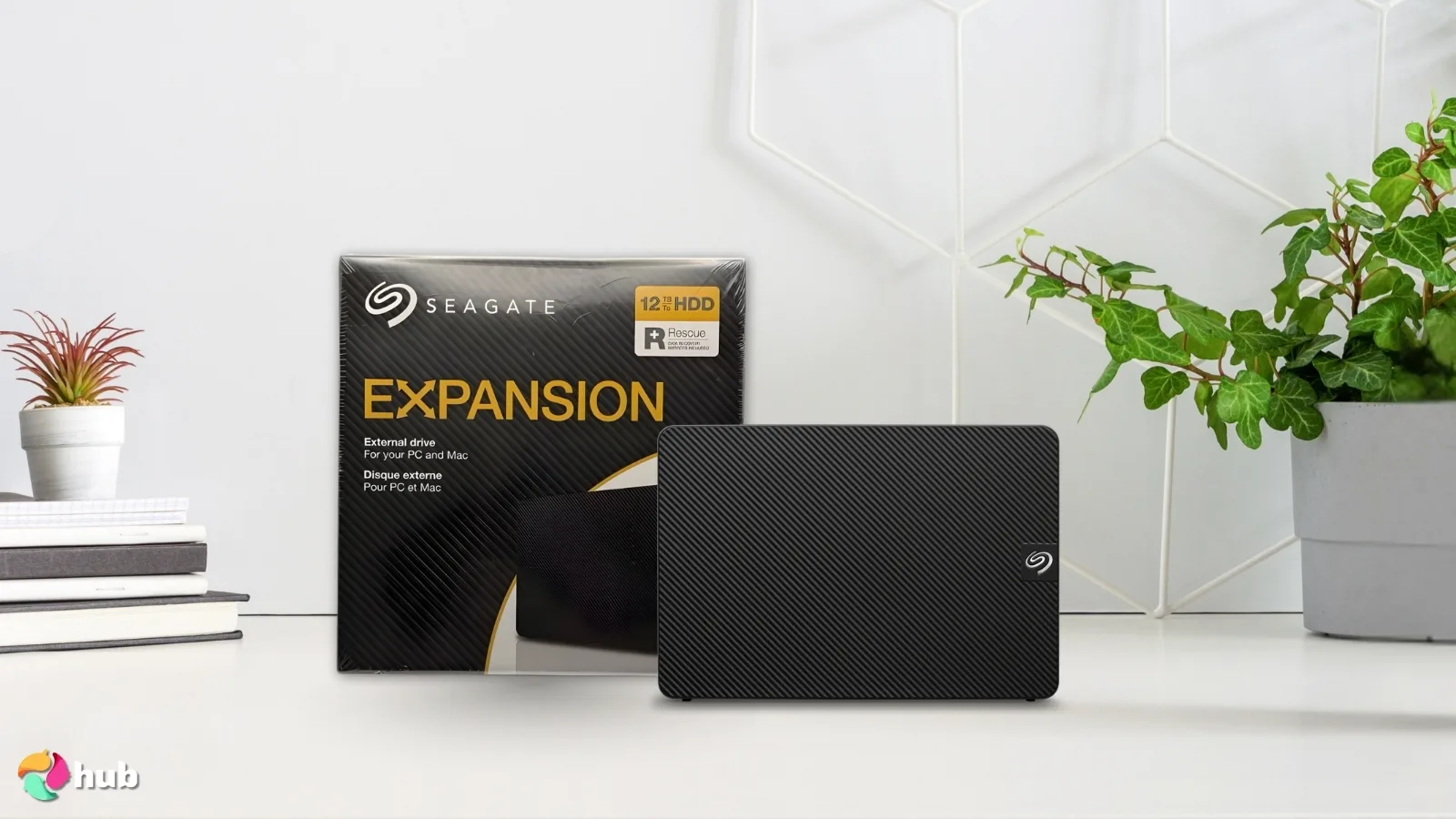 Seagate Expansion Desktop Drive on a white office desk prepared for testing shots