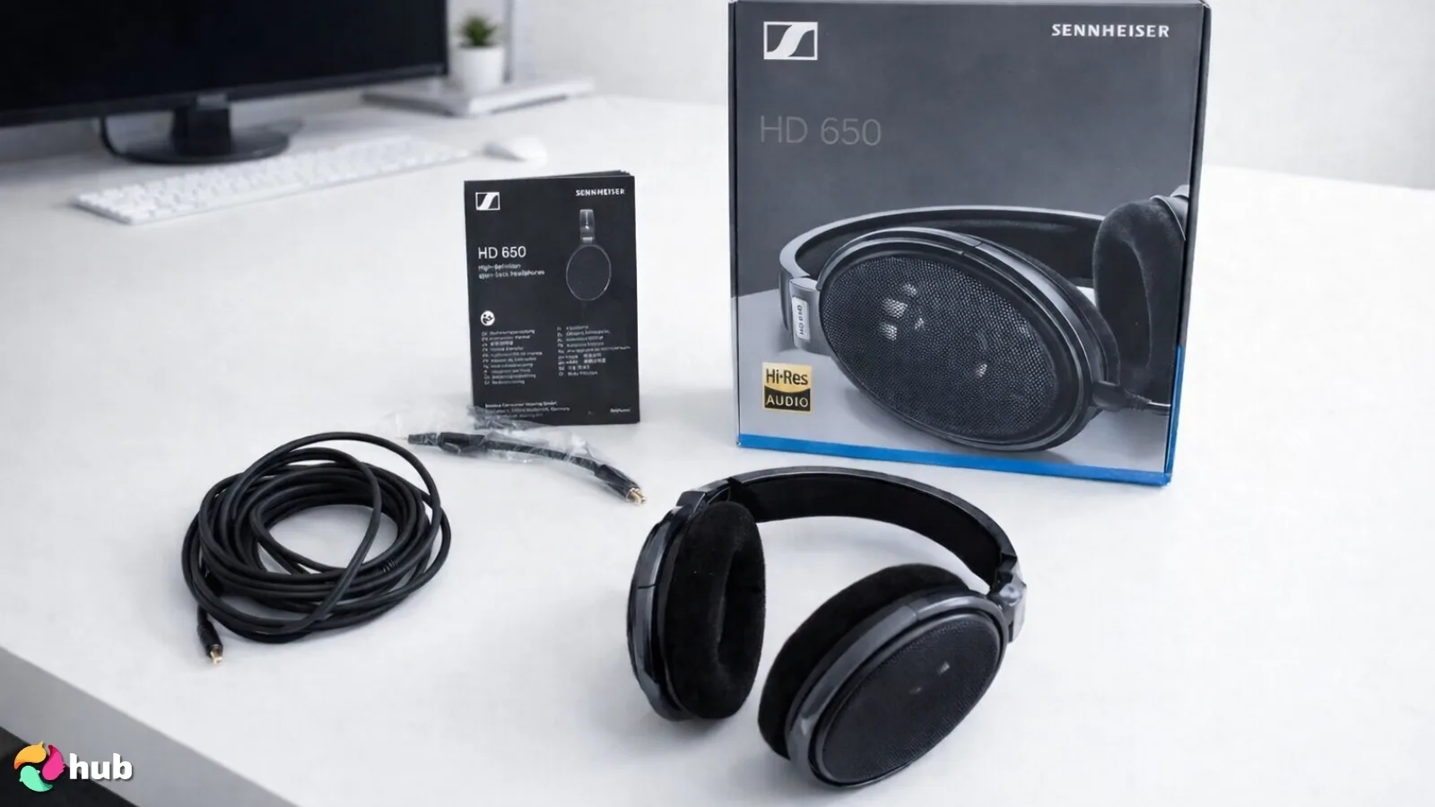 Sennheiser HD 650 Headphones on a white office desk with an editorial style for a review